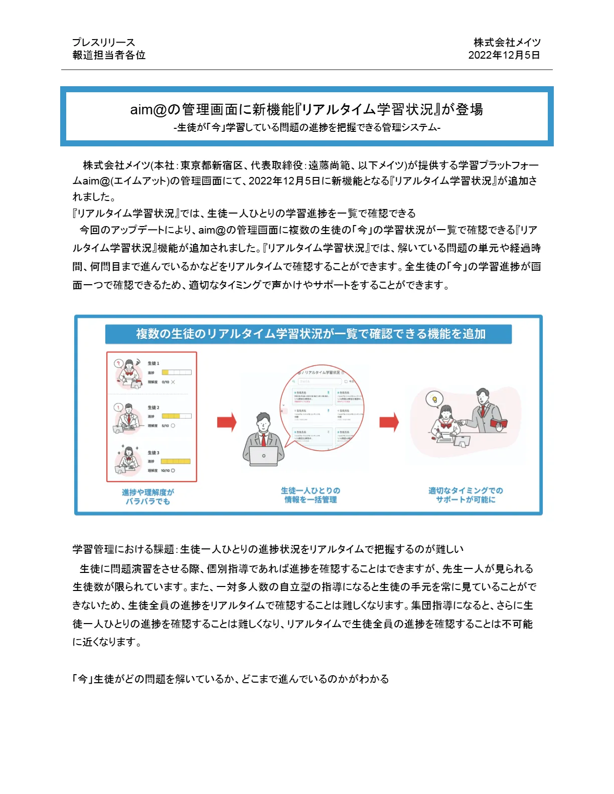 プレスリリース1ページ目（2022年12月5日）：aim@管理画面の新機能「リアルタイム学習状況」と生徒進捗一覧の図